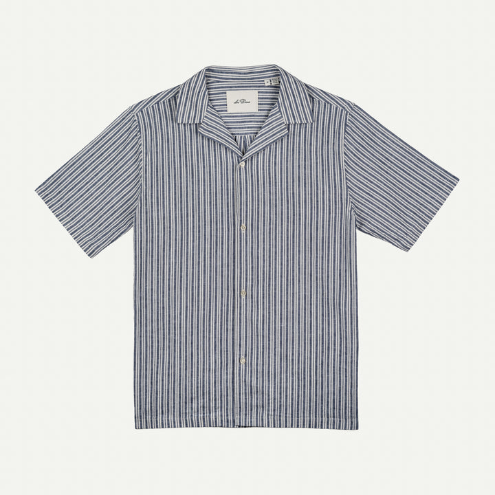 Stripe Cotton-Linen Short Sleeve Shirt - Dark Denim