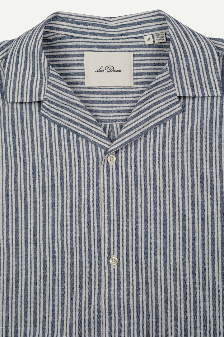 Stripe Cotton-Linen Short Sleeve Shirt - Dark Denim